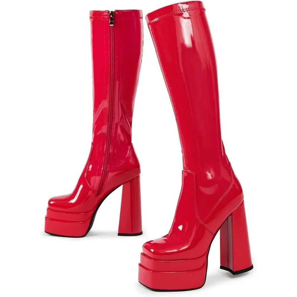 Red Platform Knee High Boots for Women, Chunky Heel, Zipper, Cosplay